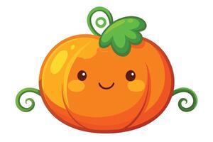 Cute Cartoon Pumpkin with Smiling Face, Green Stem and Vines, Isolated on White vector