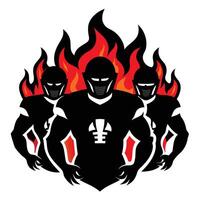 Three Armored Figures Surrounded by Flames, Isolated on a White Background, Logo vector