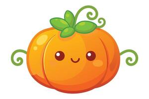 Cartoon Pumpkin with a Smiling Face, Green Leaves and Swirling Vines on a White Background vector