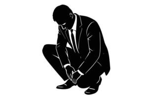 Silhouette of Crouching Businessman Adjusting Shoe, Isolated on White Background Illustration vector