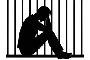 Silhouette of Despairing Man Behind Prison Bars, Depicting Isolation and Sadness vector