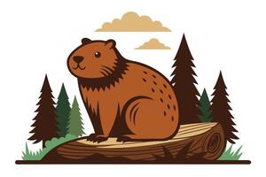 Cartoon Capybara Sitting on a Log, Surrounded by Pine Trees and Cloudy Sky vector