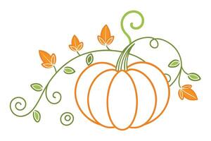 Stylized Pumpkin Outline with Green Vines and Leaves on a White Background vector