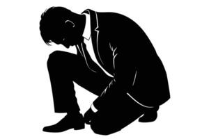 Silhouette of Kneeling Businessman in Dark Suit, Minimalist Style, White Backdrop vector
