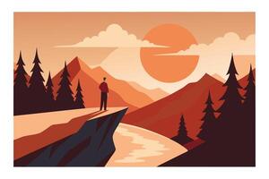 Mountain View Vista Silhouette Figure on Cliffside Peak at Dusk with Forest vector