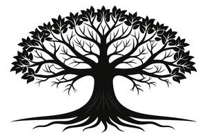 Black Silhouette Tree Branching Canopy, Detailed Roots, Isolated on White Background vector