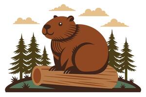 Cartoon Beaver Sitting on Log with Trees and Clouds in Background Illustration vector