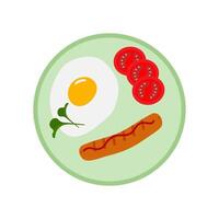 Fried Egg with Microgreen leaves Tomato slices and Grill Sausage with Ketchup stripe on Round Plate. Isolated illustration Breakfast Themes Cards or Food banner, leaflets, labels, delivery tag vector