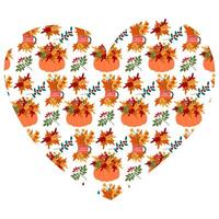 Autumn leaves composition in mug and pumpkin Seamless Pattern on Heart shape Background Autumn fond. Isolated illustration Greeting Theme Card, party invite or leaflet, banner, price tag, label vector