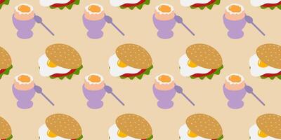 Fried Egg Sandwich and Soft Egg in Egg bowl with spoon Seamless Pattern Egg Day Holiday Festive Fond. Isolated Illustration Food Poster Breakfast Themes Card Menu, banner, leaflet, price, label vector