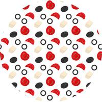 Hand drawn Cubes Cheese sliced Tomato Olives fruits and rings Seamless Pattern on Circle Background. Isolated illustration Food Themes or Menu Cards backdrop Banner, leaflets, labels, price tag vector