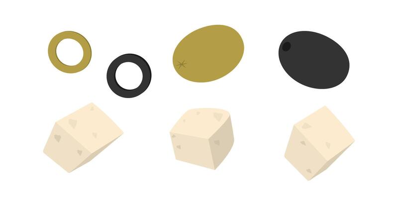 Olive rings and whole fruits and Cheese cubes various format Food poster Menu Card Minimalist design. Isolated illustration Healthy Food or Menu Cards Promo banners, leaflets, price tag, labels