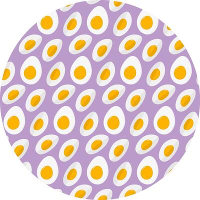 Hand Drawn boiled Egg Half and Fourth part Seamless Pattern on Circle Lavender Background Highlight. Isolated illustration Food Poster Backdrop or promo banner, leaflets, tag, social media post