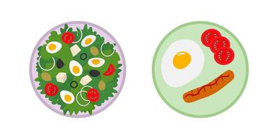 Boiled eggs with tomatoes and olives and Fried Egg with yolk and sausage on Plate Breakfast Food Set. Isolated illustration Food Theme Cards, menu or banner, leaflets, labels, price tag, poster vector