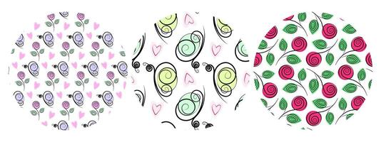Hand Drawn Cute Butterflies decorative Hearts and Flowers Seamless Pattern on Circle Backgrounds Set. Isolated design Spring or Summer Themes Cards Backdrop or promo banner, leaflet, label, tag vector