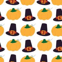 Hand Drawn Pilgrim Hat and pumpkin with tendril Seamless Pattern Thanksgiving Minimalist Background. Isolated illustration Autumn Greeting Thematic Cards Background, posting or banner, leaflet vector