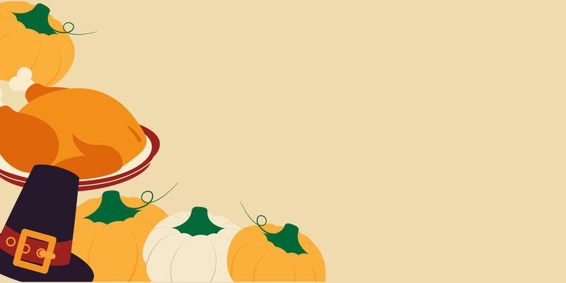 Corner Frame of Freehand Pilgrim Hat Fried Turkey and Multicolored Pumpkins Copy space Template Fond. Isolated illustration Themes Cards Party invites or promo banner, leaflet, label, price tag