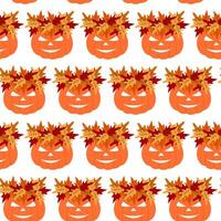 Halloween Pumpkin in Colorful Wreath of Autumn leaves Seamless Pattern Halloween Festive Background. Isolated illustration Autumn Theme Cards Background or banners, leaflets, labels, price tag vector