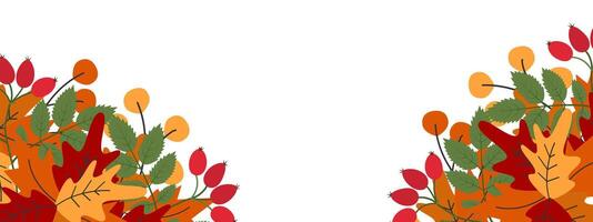 Hand drawn Colorful Autumn leaves bouquets Composition Double sided Frame border Copy space Template. Isolated illustration Autumn Themes Cards invite or promo banner, leaflet, label, price tag vector