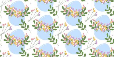 Hand Drawn Floral composition in Cracked Eggshell and Blossom twigs Seamless Pattern Floral Backdrop. Isolated Illustration Creating Springtime Festive Greeting cards like Easter or Mothers Day vector