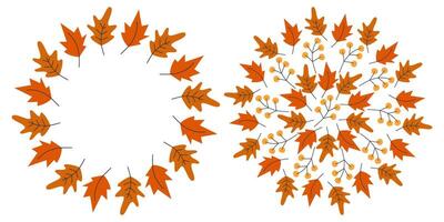 Hand drawn Autumn leaves Circular Frame Border and Backdrop Autumn Holidays Copy space Template Set. Isolated illustration Thanksgiving Greeting Cards, poster, leaflets, labels or promo banner vector