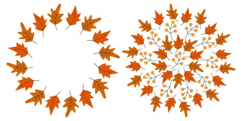 Hand drawn Autumn leaves Circular Frame Border and Backdrop Autumn Holidays Copy space Template Set. Isolated illustration Thanksgiving Greeting Cards, poster, leaflets, labels or promo banner