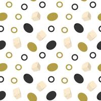 Freehand Cheese cubes in various positions and olives Fruits and sliced Seamless Pattern Food fond. Isolated illustration Healthy Food or Menu Cards Backdrop banner, leaflets, labels, price tag vector