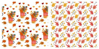 Autumn leaves in Mug With Hello Autumn text and Leaves and Twig Seamless Pattern Autumn Backdrop Set. Isolated illustration Autumn Holiday Theme Cards Background Party invite or banner, leaflet vector