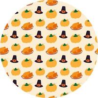 Hand drawn Fried Turkey on plate Orange Pumpkin and Pilgrim Hat Seamless Pattern on Circle Backdrop. Isolated illustration Autumn Theme Card Backdrop Invite or banner, leaflet, label, price tag vector