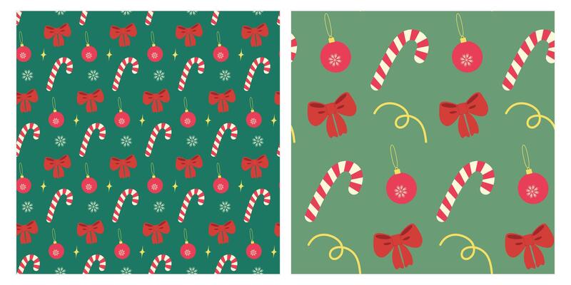 Hand Drawn Candy Cane Ribbon Bow and Christmas tree decorations Seamless Patterns Holidays Fond Set. Isolated illustration Christmas and holiday season themed greeting cards or banner backdrop