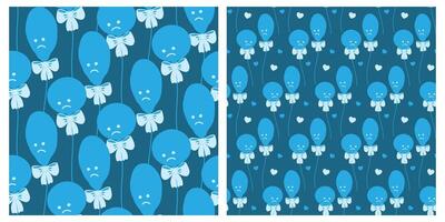 Freehand Deflated and Round balloons and Decorative Hearts Seamless Pattern Blue Monday Backdrop Set. Isolated illustration Greeting Thematic Cards Background or leaflets, banner, labels, tags vector