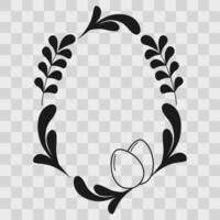 Freehand Silhouettes Twigs Leaves and Easter eggs Oval shaped Frame border Copy space Template idea. Isolated Illustration creating Easter Theme Cards, leaflet or promo banner, label, price tag vector