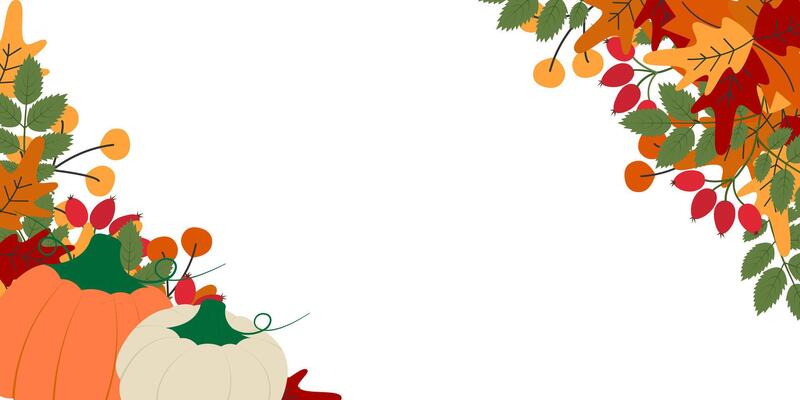 HandDrawn Autumn Leaves Rose Hip Berries and Pumpkins Corner frame border Copy space Banner Template. Isolated illustration Autumn Themes Cards invite or promo banner, leaflet, label, price tag