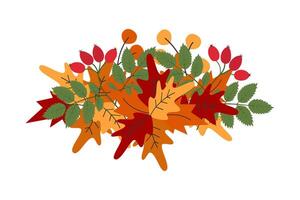 Freehand Autumn leaves and rose hips Colorful Thanksgiving Composition in trendy Fall Shades Isolate. illustration Autumn Holidays Greeting Thematic Cards, Party invites or banner, leaflet, tag vector