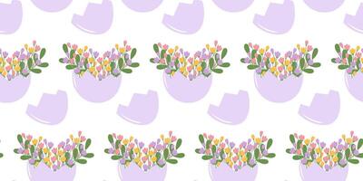 Spring Composition in Cracked Eggshell Vase Seamless Pattern Lavender Easter Spring Festive Backdrop. Isolated illustration Easter Thematic Cards Background Invite or banners, leaflets, labels vector