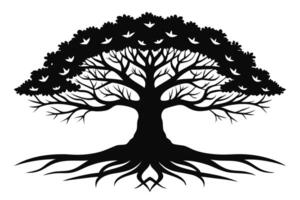 Silhouette Tree Illustration with Roots, Branches and Leaf Details in Black Shade vector