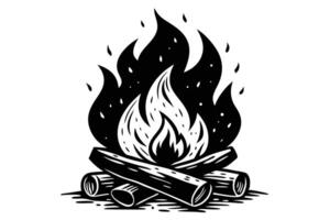 Stylized Monochrome Illustration of a Wood Fire with Flames and Sparks Emitting from the Logs vector