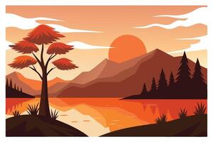 Sunset Landscape Reflection on Water with Mountains, Trees, and a Single Tree vector