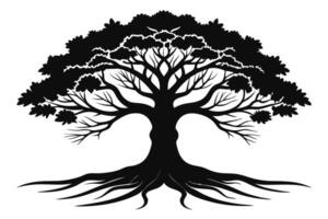 Silhouette Illustration of a Detailed Tree with Roots, Branches, and Dense Foliage vector