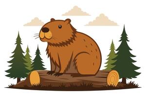 Cartoon Beaver Sitting on a Log in the Forest, Under Cloudy Skies vector