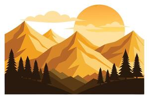 Golden Mountainscape with Forest Silhouettes and a Large Sun in the Sky vector