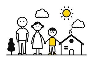 Stick Figure Family Holding Hands in Front of House Under the Sun and Clouds vector