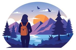 Hiker Overlooking Mountain Lake with Sunset View and Birds in Flight Illustration vector