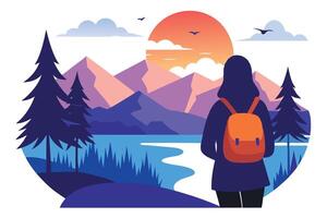 Backpacker's View Mountains, Water, Sunset, and Pine Trees in a Stylized vector