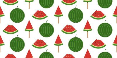 Seamless Pattern with Whole Watermelons, Slices and Popsicles on a White Background. vector