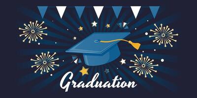 Graduation Cap with Tassel, Fireworks, Stars, and Pennant Flags on Dark Background with Radial Rays. Graduation Party and Celebration Concept. vector