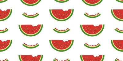 Bitten Watermelon Slices. Watermelon Slices with Bites Seamless Pattern on white Background. For Summer Fruit Print, Wrapping Paper, Textile. vector