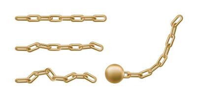 3d straight golden chain connect partners. Share link, locked ring is strong protection. Repeat items hold credit, digital secret password. Metal thick steel ball attached, closed item block render. vector