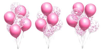 Bunch of happy birthday balloons 3d, minimal bday present. Pink corol party decoration, isolated on white bg. Inflated air balls float, realistic element mockup. Anniversary helium gift set vector
