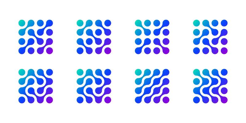 Circle dot connect logo, abstract molecule tech network. science integration and symbol patterns. Metaball shape blobs merge into fluid drops. Medical innovation laboratory icon. Collagen atom